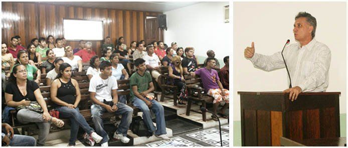 Público na abertura do curso/ Promotor Mauro Veras no púlpito